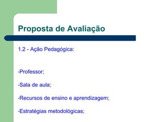 Proposta de Avaliação
1.2 - Ação Pedagógica:
-Professor;
-Sala de aula;
-Recursos de ensino e aprendizagem;
-Estratégias metodológicas;
 