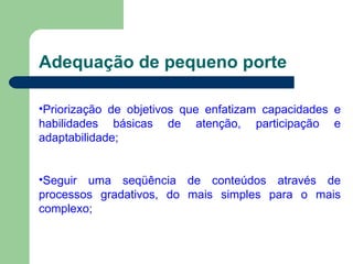 Adequação de pequeno porte Priorização de objetivos que enfatizam capacidades e habilidades básicas de atenção, participação e adaptabilidade; Seguir uma seqüência de conteúdos através de processos gradativos, do mais simples para o mais complexo; 