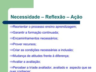 Necessidade – Reflexão – Ação Reorientar o processo ensino aprendizagem; Garantir a formação continuada; Encaminhamentos necessários; Prover recursos; Criar as condições necessárias a inclusão; Mudança de atitudes frente à diferença; Avaliar a avaliação; Perceber a tríade avaliador, avaliado e  aspecto que se quer conhecer; 