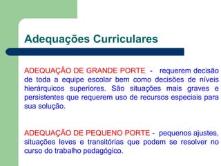 Adequações Curriculares ADEQUAÇÃO DE GRANDE PORTE   -  requerem decisão de toda a equipe escolar bem como decisões de níveis hierárquicos superiores. São situações mais graves e persistentes que requerem uso de recursos especiais para sua solução. ADEQUAÇÃO DE PEQUENO PORTE  -  pequenos ajustes, situações leves e transitórias que podem se resolver no curso do trabalho pedagógico. 