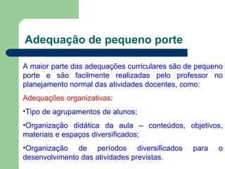 Adequação de pequeno porte A maior parte das adequações curriculares são de pequeno porte e são facilmente realizadas pelo professor no planejamento normal das atividades docentes, como: Adequações organizativas : Tipo de agrupamentos de alunos; Organização didática da aula – conteúdos, objetivos, materiais e espaços diversificados; Organização de períodos diversificados para o desenvolvimento das atividades previstas. 