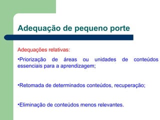 Adequação de pequeno porte Adequações relativas: Priorização de áreas ou unidades de conteúdos essenciais para a aprendizagem; Retomada de determinados conteúdos, recuperação; Eliminação de conteúdos menos relevantes. 