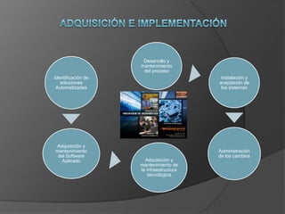 Desarrollo y
                    mantenimiento
                     del proceso
Identificación de                         Instalación y
   soluciones                            aceptación de
 Automatizadas                            los sistemas




Adquisición y
mantenimiento                            Administración
 del Software                            de los cambios
   Aplicado           Adquisición y
                    mantenimiento de
                    la infraestructura
                        tecnológica
 
