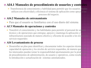  AI4.1          Manuales de procedimiento de usuarios y controles
           Transferencia de conocimiento y habilidad para permitir que los usuarios finales
             utilicen con efectividad y eficiencia el sistema de aplicación como apoyo a los
                                           procesos del negocio.
   AI4.2 Manuales de entrenamiento
     Para que el usuario se familiarice con el uso diario del sistema
   AI 3 Manuales de operaciones y controles
       Transferir el conocimiento y las habilidades para permitir al personal de soporte
        técnico y de operaciones que entregue, apoyen y mantenga la aplicación y la
        infraestructura asociada de manera efectiva y eficiente de acuerdo a los niveles de
        servicio requeridos
   AI4 Levantamiento de proceso
       Desarrollar un plan para identificar y documentar todos los aspectos técnicos, la
        capacidad de operación y los niveles de servicio requeridos, de manera que todos
        los interesados puedan tomar la responsabilidad oportunamente por la producción
        de procedimientos de administración, de usuario y operativos, como resultado de
        la introducción o actualización de sistemas automatizados.
 