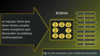 un equipo, tiene que
tener tantos canales
como receptores que
demanden las bobinas
mutireceptoras
Fig. 5. ocho receptores, ocho canales de transmisión
1
BOBINA
2
3 5 8
7
64
1
2
3
4
5
6
7
8
 