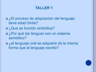TALLER 1

 ¿El proceso de adquisición del lenguaje
  tiene edad límite?
 ¿Que es función simbólica?

 ¿Por qué las lenguas son un sistema
  semiótico?
 ¿el lenguaje oral se adquiere de la misma
  forma que el lenguaje escrito?
 