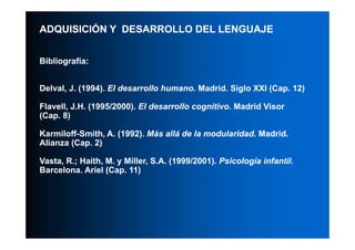 ADQUISICIÓN Y DESARROLLO DEL LENGUAJE


Bibliografía:


Delval,
Delval, J. (1994). El desarrollo humano. Madrid. Siglo XXI (Cap. 12)
                                 humano.

Flavell,
Flavell, J.H. (1995/2000). El desarrollo cognitivo. Madrid Visor
                                         cognitivo.
(Cap. 8)

Karmiloff-
Karmiloff-Smith, A. (1992). Más allá de la modularidad. Madrid.
                                           modularidad.
Alianza (Cap. 2)

Vasta, R.; Haith, M. y Miller, S.A. (1999/2001). Psicología infantil.
           Haith,                                           infantil.
Barcelona. Ariel (Cap. 11)
 
