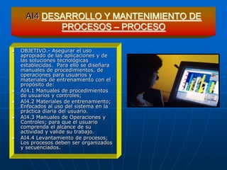 AI4 DESARROLLO Y MANTENIMIENTO DE
            PROCESOS – PROCESO

   OBJETIVO.- Asegurar el uso
    apropiado de las aplicaciones y de
    las soluciones tecnológicas
    establecidas. Para ello se diseñara
    manuales de procedimientos, de
    operaciones para usuarios y
    materiales de entrenamiento con el
    propósito de:
   AI4.1 Manuales de procedimientos
    de usuarios y controles;
   AI4.2 Materiales de entrenamiento;
    Enfocados al uso del sistema en la
    práctica diaria del usuario.
   AI4.3 Manuales de Operaciones y
    Controles; para que el usuario
    comprenda el alcance de su
    actividad y valide su trabajo.
   AI4.4 Levantamiento de procesos;
    Los procesos deben ser organizados
    y secuenciados.
 
