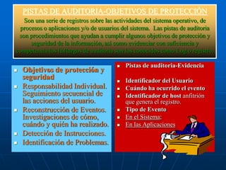 PISTAS DE AUDITORIA-OBJETIVOS DE PROTECCIÓN
   Son una serie de registros sobre las actividades del sistema operativo, de
 procesos o aplicaciones y/o de usuarios del sistema. Las pistas de auditoria
 son procedimientos que ayudan a cumplir algunos objetivos de protección y
     seguridad de la información, así como evidenciar con suficiencia y
competencia los hallazgos de auditoria son los conocidos como Log o registro.

                                          Pistas de auditoria-Evidencia
   Objetivos de protección y
    seguridad                             Identificador del Usuario
   Responsabilidad Individual.           Cuándo ha ocurrido el evento
    Seguimiento secuencial de             Identificador de host anfitrión
    las acciones del usuario.              que genera el registro.
   Reconstrucción de Eventos.            Tipo de Evento
    Investigaciones de cómo,              En el Sistema;
    cuándo y quién ha realizado.          En las Aplicaciones
   Detección de Instrucciones.
   Identificación de Problemas.
 
