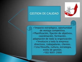 GESTION DE CALIDAD




 Impacto estratégico, oportunidad
       de ventaja competitiva.
 Planificación, fijación de objetivos,
      coordinación, formación,
 adaptación de toda la organización.
    Involucre a toda la empresa:
  directivos, trabajadores, clientes.
  Una filosofía, cultura, estrategia,
           estilo de gestión.
           ISO 9001:2000
 