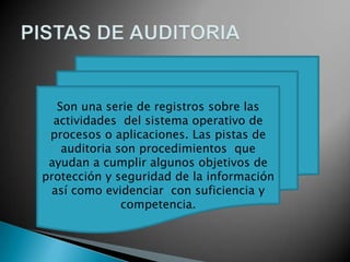 Son una serie de registros sobre las
  actividades del sistema operativo de
 procesos o aplicaciones. Las pistas de
    auditoria son procedimientos que
 ayudan a cumplir algunos objetivos de
protección y seguridad de la información
  así como evidenciar con suficiencia y
               competencia.
 