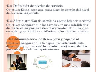 •Ds1 Definición de niveles de servicio
Objetivo: Establecer una comprensión común del nivel
de servicio requerido

•Ds2 Administración de servicios prestados por terceros
Objetivo: Asegurar que las tareas y responsabilidades
de las terceras partes estén claramente definidas, que
cumplan y continúen satisfaciendo los requerimientos

•Ds3 Administración de desempeño y capacidad
Objetivo: Asegurar que la capacidad adecuada está
disponible y que se esté haciendo el mejor uso de ella
para alcanzar el desempeño deseado.
 