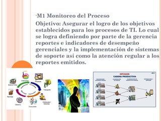 •M1  Monitoreo del Proceso
Objetivo: Asegurar el logro de los objetivos
establecidos para los procesos de TI. Lo cual
se logra definiendo por parte de la gerencia
reportes e indicadores de desempeño
gerenciales y la implementación de sistemas
de soporte así como la atención regular a los
reportes emitidos.
 