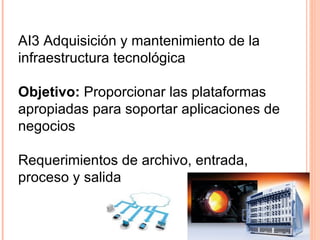AI3 Adquisición y mantenimiento de la
infraestructura tecnológica

Objetivo: Proporcionar las plataformas
apropiadas para soportar aplicaciones de
negocios

Requerimientos de archivo, entrada,
proceso y salida
 