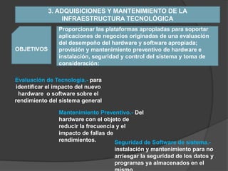 3. ADQUISICIONES Y MANTENIMIENTO DE LA
                 INFRAESTRUCTURA TECNOLÓGICA
                Proporcionar las plataformas apropiadas para soportar
                aplicaciones de negocios originadas de una evaluación
                del desempeño del hardware y software apropiada;
OBJETIVOS       provisión y mantenimiento preventivo de hardware e
                instalación, seguridad y control del sistema y toma de
                consideración:

Evaluación de Tecnología.- para
identificar el impacto del nuevo
 hardware o software sobre el
rendimiento del sistema general

                Mantenimiento Preventivo.- Del
                hardware con el objeto de
                reducir la frecuencia y el
                impacto de fallas de
                rendimientos.        Seguridad de Software de sistema.-
                                    instalación y mantenimiento para no
                                    arriesgar la seguridad de los datos y
                                    programas ya almacenados en el
 