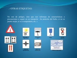 .- OTRAS ETIQUETAS:
No son de peligro, sino que nos informan de características o
precauciones a seguir en su transporte (la posición del bulto, si no se
puede mojar, si va a temperatura, etc. )
 