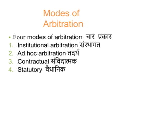 • Four modes of arbitration चार प्रकार
1. Institutional arbitration सोंस्थार्गत
2. Ad hoc arbitration तदथथ
3. Contractual ...