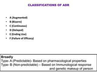 CLASSIFICATIONS OF ADR
• A (Augmented)
• B (Bizarre)
• C (Continuous)
• D (Delayed)
• E (Ending Use)
• F (Failure of Efficacy)
Broadly
Type- A (Predictable)- Based on pharmacological properties
Type- B (Non-predictable) – Based on Immunological response
and genetic makeup of person
 
