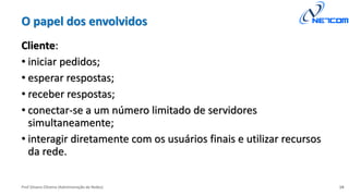 Prof Silvano Oliveira (Administração de Redes)
O papel dos envolvidos
Cliente:
• iniciar pedidos;
• esperar respostas;
• receber respostas;
• conectar-se a um número limitado de servidores
simultaneamente;
• interagir diretamente com os usuários finais e utilizar recursos
da rede.
14
 