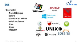 Prof Silvano Oliveira (Administração de Redes)
SOS
• Exemplos
• Novell Netware
• Solaris
• Windows NT Server
• Windows Server
• Unix
• Linux
• FreeBSD
19
 
