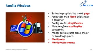 Prof Silvano Oliveira (Administração de Redes)
Família Windows
21
• Software proprietário, isto é, pago.
• Aplicações mais fáceis de planejar
e construir
• Configurações simplificadas
• Manutenção e atualizações
constantes
• Menor custo a curto prazo, maior
custo à longo prazo.
• Multitarefa
• Multiprocessamento
 