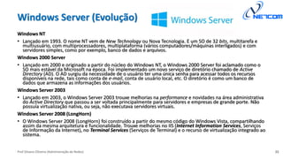 Prof Silvano Oliveira (Administração de Redes)
Windows Server (Evolução)
Windows NT
• Lançado em 1993. O nome NT vem de New Technology ou Nova Tecnologia. É um SO de 32 bits, multitarefa e
multiusuário, com multiprocessadores, multiplataforma (vários computadores/máquinas interligados) e com
servidores simples, como por exemplo, banco de dados e arquivos.
Windows 2000 Server
• Lançado em 2000 e originado a partir do núcleo do Windows NT, o Windows 2000 Server foi aclamado como o
SO mais estável da Microsoft na época. Foi implementado um novo serviço de diretório chamado de Active
Directory (AD). O AD surgiu da necessidade de o usuário ter uma única senha para acessar todos os recursos
disponíveis na rede, tais como conta de e-mail, conta de usuário local, etc. O diretório é como um banco de
dados que armazena as informações dos usuários.
Windows Server 2003
• Lançado em 2003, o Windows Server 2003 trouxe melhorias na performance e novidades na área administrativa
do Active Directory que passou a ser voltada principalmente para servidores e empresas de grande porte. Não
possuía virtualização nativa, ou seja, não executava servidores virtuais.
Windows Server 2008 (LongHorn)
• O Windows Server 2008 (LongHorn) foi construído a partir do mesmo código do Windows Vista, compartilhando
assim da mesma arquitetura e funcionalidade. Trouxe melhorias no IIS (Internet Information Services, Serviços
de Informação da Internet), no Terminal Services (Serviços de Terminal) e o recurso de virtualização integrado ao
sistema.
22
 