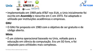 Prof Silvano Oliveira (Administração de Redes)
Unix
• Implementado em 1969 pela AT&T nos EUA, o Unix inicialmente foi
escrito em Assembly e reescrito em C em 1973. Foi adaptado e
utilizado por instituições acadêmicas e empresas.
GNU
• O GNU foi proposto em 1983 com o objetivo de ser gratuito e de
código aberto.
Minix
• É um sistema operacional baseado no Unix, voltado para a
educação em ciência da computação. Era um SO livre, e foi
adaptado para utilidades mais complexas.
23
 