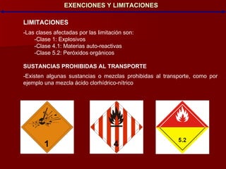 EXENCIONES Y LIMITACIONES LIMITACIONES -Las clases afectadas por las limitación son: -Clase 1: Explosivos -Clase 4.1: Materias auto-reactivas -Clase 5.2: Peróxidos orgánicos SUSTANCIAS PROHIBIDAS AL TRANSPORTE -Existen algunas sustancias o mezclas prohibidas al transporte, como por ejemplo una mezcla ácido clorhídrico-nítrico 
