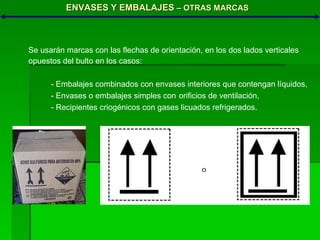 ENVASES Y EMBALAJES  – OTRAS MARCAS Se usarán marcas con las flechas de orientación, en los dos lados verticales opuestos del bulto en los casos: - Embalajes combinados con envases interiores que contengan líquidos, - Envases o embalajes simples con  orificios de ventilación, - Recipientes criogénicos con gases licuados refrigerados. 