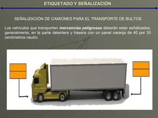 ETIQUETADO Y SEÑALIZACIÓN Los vehículos que transporten  mercancías peligrosas  deberán estar señalizados, generalmente, en la parte delantera y trasera con un panel naranja de 40 por 30 centímetros neutro SEÑALIZACIÓN DE CAMIONES PARA EL TRANSPORTE DE BULTOS 