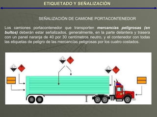 ETIQUETADO Y SEÑALIZACIÓN Los camiones portacontenedor que transporten  mercancías peligrosas (en bultos)  deberán estar señalizados, generalmente, en la parte delantera y trasera con un panel naranja de 40 por 30 centímetros neutro, y el contenedor con todas las etiquetas de peligro de las mercancías peligrosas por los cuatro costados. SEÑALIZACIÓN DE CAMIONE PORTACONTENEDOR 