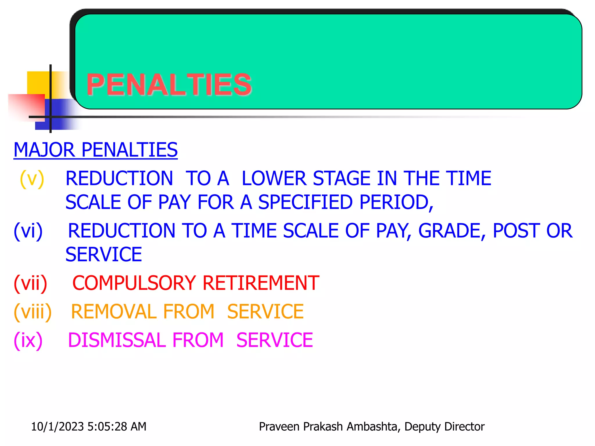 PENALTIES
MAJOR PENALTIES
(v) REDUCTION TO A LOWER STAGE IN THE TIME
SCALE OF PAY FOR A SPECIFIED PERIOD,
(vi) REDUCTION TO A TIME SCALE OF PAY, GRADE, POST OR
SERVICE
(vii) COMPULSORY RETIREMENT
(viii) REMOVAL FROM SERVICE
(ix) DISMISSAL FROM SERVICE
10/1/2023 5:05:28 AM Praveen Prakash Ambashta, Deputy Director
 