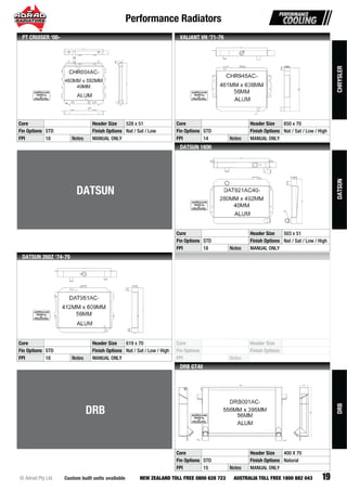 Performance Radiators
19Custom built units available© Adrad Pty Ltd NEW ZEALAND TOLL FREE 0800 628 723 AUSTRALIA TOLL FREE 1800 882 043
CHR004AC-
Core Header Size 528 x 51
Fin Options STD Finish Options Nat / Sat / Low
FPI 18 Notes MANUAL ONLY
PT CRUISER ‘00-
CHR945AC-
Core Header Size 650 x 70
Fin Options STD Finish Options Nat / Sat / Low / High
FPI 14 Notes MANUAL ONLY
VALIANT VH ‘71-76
DAT921AC40-
Core Header Size 503 x 51
Fin Options STD Finish Options Nat / Sat / Low / High
FPI 18 Notes MANUAL ONLY
DATSUN 1600
DAT951AC-
Core Header Size 619 x 70
Fin Options STD Finish Options Nat / Sat / Low / High
FPI 18 Notes MANUAL ONLY
DATSUN 260Z ‘74-79
Core Header Size
Fin Options Finish Options
FPI Notes
DRB001AC-
Core Header Size 400 X 70
Fin Options STD Finish Options Natural
FPI 15 Notes MANUAL ONLY
DRB GT40
CHRYSLER
DATSUN
DATSUN
DRB
DRB
 