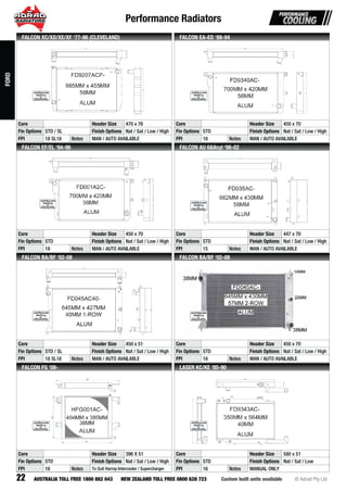 Performance Radiators
22 Custom built units available © Adrad Pty LtdAUSTRALIA TOLL FREE 1800 882 043 NEW ZEALAND TOLL FREE 0800 628 723
FD9207ACP-
Core Header Size 470 x 76
Fin Options STD / SL Finish Options Nat / Sat / Low / High
FPI 18 SL18 Notes MAN / AUTO AVAILABLE
FALCON XC/XD/XE/XF ‘77-86 (CLEVELAND)
FD9340AC-
Core Header Size 450 x 70
Fin Options STD Finish Options Nat / Sat / Low / High
FPI 18 Notes MAN / AUTO AVAILABLE
FALCON EA-ED ‘88-94
FD001AC2-
Core Header Size 450 x 70
Fin Options STD Finish Options Nat / Sat / Low / High
FPI 18 Notes MAN / AUTO AVAILABLE
FALCON EF/EL ‘94-96
FD035AC-
Core Header Size 447 x 70
Fin Options STD Finish Options Nat / Sat / Low / High
FPI 15 Notes MAN / AUTO AVAILABLE
FALCON AU 6&8cyl ‘98-02
FD045AC40-
Core Header Size 450 x 51
Fin Options STD / SL Finish Options Nat / Sat / Low / High
FPI 18 SL18 Notes MAN / AUTO AVAILABLE
FALCON BA/BF ‘02-08
FD045AC-FDFDFDFDFDFDFDFDDFDFDFDFDFDDDDFDFFDFFDDDFDFDDFDFDFFDDDDDDDDDDFDFDFDFDDDDDDDFFDFDDFFDFDDFDFDFDFFFFFFFFFFFDFFFFDDDFFFDFDFFD00400000040404040404000004040004040004004000004000000000000440000400404004040400045A555A5A5A5A5A5A5A5A5AAA5A5AAA5A5A555A5A5AA5A5A5AA5A55AAA5AA55A55A5AA5A5A5AA555A55AAAAA5AA55A5AA5AA5A5A5AA5555AAAA55A555555AA55555AC-C-C-C-C-C-C-C-CC--C-C-CC-CCC-C-C-CCCCCC-C-CC-C-CCCCCCC-C-CCC-CCC--C-CC-CCC-CCCCCCCCCCCCCCCCCCCCCCCCC
Core Header Size 450 x 70
Fin Options STD Finish Options Nat / Sat / Low / High
FPI 18 Notes MAN / AUTO AVAILABLE
FALCON BA/BF ‘02-08
HFG001AC-
Core Header Size 396 X 51
Fin Options STD Finish Options Nat / Sat / Low / High
FPI 16 Notes To Suit Harrop Intercooler / Supercharger
FALCON FG ‘08-
FD9343AC-
Core Header Size 580 x 51
Fin Options STD Finish Options Nat / Sat / Low
FPI 16 Notes MANUAL ONLY
LASER KC/KE ‘85-90
FORD
 