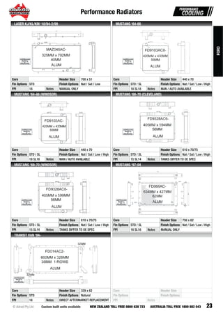 Performance Radiators
23Custom built units available© Adrad Pty Ltd NEW ZEALAND TOLL FREE 0800 628 723 AUSTRALIA TOLL FREE 1800 882 043
MAZ048AC-
Core Header Size 700 x 51
Fin Options STD Finish Options Nat / Sat / Low
FPI 18 Notes MANUAL ONLY
LASER KJ/KL/KM ‘10/94-2/99
FD9103AC8-
Core Header Size 440 x 70
Fin Options STD / SL Finish Options Nat / Sat / Low / High
FPI 18 SL18 Notes MAN / AUTO AVAILABLE
MUSTANG ‘64-66
FD9103AC-
Core Header Size 440 x 70
Fin Options STD / SL Finish Options Nat / Sat / Low / High
FPI 18 SL18 Notes MAN / AUTO AVAILABLE
MUSTANG ‘64-66 (WINDSOR)
FD9328AC6-
Core Header Size 610 x 70/75
Fin Options STD / SL Finish Options Nat / Sat / Low / High
FPI 15 SL14 Notes TANKS DIFFER TO OE SPEC
MUSTANG ‘68-70 (CLEVELAND)
FD9328AC8-
Core Header Size 610 x 70/75
Fin Options STD / SL Finish Options Nat / Sat / Low / High
FPI 15 SL14 Notes TANKS DIFFER TO OE SPEC
MUSTANG ‘68-70 (WINDSOR)
FD066AC-
Core Header Size 756 x 62
Fin Options STD / SL Finish Options Nat / Sat / Low / High
FPI 16 SL16 Notes MANUAL ONLY
MUSTANG ‘97-04
FD014AC2-
Core Header Size 339 x 62
Fin Options STD Finish Options Natural
FPI 18 Notes DIRECT AFTERMARKET REPLACEMENT
TRANSIT VAN ‘84-
Core Header Size
Fin Options Finish Options
FPI Notes
FORD
 