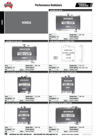 Performance Radiators
28 Custom built units available © Adrad Pty LtdAUSTRALIA TOLL FREE 1800 882 043 NEW ZEALAND TOLL FREE 0800 628 723
HON0474ALHOHOHOHHOHOHOHOOHOHOHOHOHOOHOHOHOHOOHOHOHOHOHOHOHOHOHOHOHOHOHOOOOHOHOHOHOOHOHOHOHHOHOHOOOOOHOOHHOOOOHHOHHHOOOOH N0N0N0N0N0N0N0N0N0N0NN0N0N0N0N0N0NN0N0N0N0N0N0N0N0N0N0NNNNNNNN0NNNNN0NN0N0NNN0NN0NN0N0NN0N0NNN00NN0NNN00NN0004747474747474744774777777474747447474747747777747477477774777474747774774774447774777774A4A4A4A4A4A4A4A4A4A4A4AAA4A4AA4A4A4A44A4A4A4A4A4A4A4AAA4A44A4A44AA4A4A4A4AA4A444A4A4A4AAA4A44A4AAAA4AA444A4A4AA444A4AA4AA444A4 LLLLLLLLLLLLLLLLLLLLLLLLLLLLLLLLLLLLLLLLLLLLLLLLLLLLLLLLLLLLLL
Core Header Size 687 x 60
Fin Options STD Finish Options
FPI 13 Notes KOYO K-SPORT
ACCORD CB ‘89-93
HON0464ALHOHOHOOHOOHOHOHOHOHOHOHOHOHOOHOHOHOHOOHOOOHOHOOHOHOOOOHOOHOHHOHHOHOHOHOHOHHOHHHOHOOOHOHOHHHHOHHHHHOOHHHHHH NNNNN0N0N0NNNN0N00N0N0NN0N0NN0NNN0N0N0NN0NNNNN00NNN000N0N0N0NNNN00N0N 66464464664646464646464664646646646646466464646466646446646644666646446646466464446464666664446646644444666444 4A4A4A4AA4A4A4AA4A44A4A4A4A4A4A4A4A44AA4A4A4A4A44AA4A4AA44AA4A4AA444A4A4A444AAAA4A44 LLLLLLLLLLLLLLLLLLLLLLLLLLLLLLLLLLLLLLLLLLLLLLLLLLLLLLL
Core Header Size 697 x 60
Fin Options STD Finish Options
FPI 13 Notes KOYO K-SPORT
ACCORD CD 2.2ltr ‘93-97
HON013AC-
Core Header Size 372 x 52
Fin Options STD Finish Options Nat / Sat / Low
FPI 18 Notes MANUAL ONLY
CIVIC EG/EH/EK ‘91-00 (DENSO TYPE)
HON0292ALHOHOHOHOHOHOHOHOHOHOHOHOHOHOHOHHOHOHOHOHOHOHOHOHOHOHOHOHOOHOOHOHHHHOHHOOOHHHOHOOOHOHHHHOHOOOHHHOOHOOOHHHOHOHHHOHOHOOHOOOHHH N0N0N0N0NN0N0N0N0N0N0N0NN0NN0N0N0N0NN0N0NN0NNNNN0N0N0NNN0NNNNNN0N0NNNNNN0NNNNNNNN0NNNNNNNNNNNN0NNN029292292929292929292922299292929292922929292922922999292922929929929222992222222299992922299222229222299292229999292922222 2A2A2A2A2A2A2A2A2A2A2A2AA2A2A2A2A2A2A2A2AAA2A2A2A222AA2A2AA2A2222AAA2A2A222A2A2A2A22222AAA2A22A2A2222222AAA2A2A222A2222AAAA2222A22AAA222A22222AALLLLLLLLLLLLLLLLLLLLLLLLLLLLLLLLLLLLLLLLLLLLLLLLLLLLLLLLLLLLLLLLLL
Core Header Size 371 x 60
Fin Options STD Finish Options
FPI 13 Notes KOYO K-SPORT
CIVIC EG/EH/EK ‘91-00 (DENSO TYPE)
HON0300ALHOHOHOHOHOHOHOHOHOHOHOHOHHOHOHOHOHOHOHOHOHOHOHOHOHOHOHOHOHOHOHOHOOHOOOHHOOHOHOHOHOHOHHOHOHOHOOHOOOHHOHOOHOHOHOHOHOOOOOHHOOOHOOHOHOOHOOOOOOHOOHOOOOHOOOHOOOOOOOON0N0N0N0N0N0NN0NN0N0NN0N0N0N0NN0N0N0NN0N0N0N0N0N0NN0NNNNN0NN0N0NNN0N0N0NN0NNN000NN0N00NNN0000N0NNN000N0000000N000N0N00N0N0000000N0000003030303030303030030303030303003030303030300330300300330303033003330303033030000303330300333303030000000000330000000000000000000A0A0A0A0A0A0A0A0A0A0A0AA0A0A0A0A0A00A0AA00A0A0A0A0A0AA0A00A0A0A0A0A0AA0A00000AA0AAAAA0A00AAAA000A0AAAAAAA0A00A0A0A0AAA0AAA0A0AALLLLLLLLLLLLLLLLLLLLLLLLLLLLLLLLLLLLLLLLLLLLLLLLLLLLLLLLLLLLLLLL
Core Header Size 368 x 60
Fin Options STD Finish Options
FPI 13 Notes KOYO K-SPORT
CIVIC SI / VTI-R 1.6ltr ‘91-00 (TOYO TYPE)
HON0300ALHOHOHOOHOHOHOHOHOHOHOHOHHOOHOHOHOHOHOHOHOHOHOOOHOHOHOHOHOHOHOHOHOHOHOHOHOHHHOHOHHHOOOHOHHOHHOHOHOOHHHHHOOHOHOHHOOHOHOHOHOOOOOOHHOOHOHOHOOHOOOHHOHOOHHOHHOOOOHHON0N0NN0N0N0N0N0NNN0NN0N0NNN0NN0N0N0N0N0NN0N0N0N0N0N0N0NN0N0NNNNN0N0NNN0NNN0N0NNNN0N0N0N000NNN000000NNN00N 303030303030303030300030303030300303030300303030303030303030030303003030003030300000303033300003003303330000000000000000A0A0A0A0A0A0A0A0A0A00A0A0A0A0A0A0A0A0A0A0A0A0A0A0A0A0A0A0A0A0A0A00A0AAA0A0A0A00A0A0A0000A0AA0A0A00A0A0AAA00A000AAAA000AAA00A000AAA0AAA0A000AAA0A0A0AAA0AALLLLLLLLLLLLLLLLLLLLLLLLLLLLLLLLLLLLLLLLLL
Core Header Size 368 x 60
Fin Options STD Finish Options
FPI 13 Notes KOYO K-SPORT
CRX EG 1.6ltr ‘92-98
HON0376ALHOHOHOHOHOHOHOHOOHOHOHHOOHOHOOHOHOHOHOHOHHHOOOHHOHHHOHHHOHOOHOHOHOHOHOHOHHHHHHOHHOHHHOHHOHHHHHHHHOHOHOOON0N0N0N0N0N0N0N0N0N0N0N0N0N0N0N0N0N0NNN0NNNN0NNNNNN0NNN0NNNNNNNNN0N000N0N0000N0N0000003737373733737377337373737373777777373777737773777737777777773733373777776A6A6A6A6A6A6A66A6A6A6AA6A6A6A6A6A6A6A6A6A66A66A66A6A6A666A6A6A66AA666AA66A6A66A6666AA6666AAAA66ALLLLLLLLLLLLLLLLLLLLLLLLLLLLLLLLLLLLLLLLLLLL
Core Header Size 678 x 60
Fin Options STD Finish Options
FPI 13 Notes KOYO K-SPORT
INTEGRA DC ‘93-01 (DENSO TYPE)
HONDA
HONDA
 