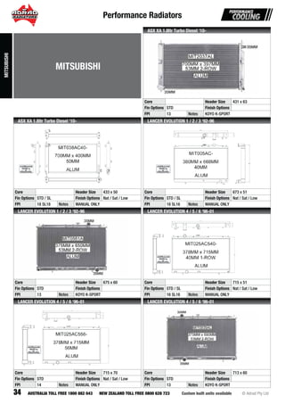 Performance Radiators
34 Custom built units available © Adrad Pty LtdAUSTRALIA TOLL FREE 1800 882 043 NEW ZEALAND TOLL FREE 0800 628 723
MIT2037ALMIMIMIMIMMIMIMIMIMIMIMIMIMMMIMIMIMIMMMMIMMMIMMIIMMMIMIIMIMMMIMIMMIMIIMIMMMIMMMMIMMIMMIMIMIMMMMIIMMMMIMMMIIMMIMMMMM T2T2T2T2T2T2T2T2T2T2T2TTTT2TTTTTT2TT2TTTTTTTTTTTTTTTTTTTTTTTTTTTTTTTTTTTTTTTTTTTTTTT 030303030303303030303030333030333030303030330300003003000000000000000 7A7A7A7A7A7AA7A77A7A7A7A7A7A7A7A7AA7A7A777A7A7A7A7A7A7A77A77A7AAA777A7777A7AAAAAAAA7A7A7A777A7AA7AA7777A777AAA7AAAA777AA77A7A7AAAAAA7A77777A7777AAAA7AAAAALLLLLLLLLLLLLLLLLLLLLLLLLLLLLLLLLLLLLLLLLLLLLLLLLLLLLLLLLLL
Core Header Size 431 x 63
Fin Options STD Finish Options
FPI 13 Notes KOYO K-SPORT
ASX XA 1.8ltr Turbo Diesel ‘10-
MIT038AC40-
Core Header Size 433 x 50
Fin Options STD / SL Finish Options Nat / Sat / Low
FPI 18 SL18 Notes MANUAL ONLY
ASX XA 1.8ltr Turbo Diesel ‘10-
MIT005AC-
Core Header Size 673 x 51
Fin Options STD / SL Finish Options Nat / Sat / Low
FPI 18 SL16 Notes MANUAL ONLY
LANCER EVOLUTION 1 / 2 / 3 ‘92-96
MIT0561ALMMIMMIMIMIMMIMIMMIMMMMMIMIMMMMIMMIMIMMIMMMMMMMIMIMIMMMMIMMIMMIMMMIMMMMMMMMIMIMIMMIMMMMMIMMIMIMMMMMMIMMMIMIMMMMMMMMMIMMMMMMM T0T0T0T0TTT0TTT0T0T0T0T0T0T00T0TTTTT0T0000000T0TT0TT0T0TT0T0T0T0T0T0T0T0T0T000T0T0TT000TTT000T0T0T00T0T0T000T0T0T00T00TT0T0T0T00T00T00000T00000565656565656565655666565656565566666655656556656565656565565555665556555666566561A11A1A1A1A1AA1AA1A1A1A1AA1A1AAA1A111AA1A1AAA1A1A1A1A1A1A1AA1A1A11AAA1A1A1AA1A11A1AAA1AAA1A1A111AAAAA11AAAAA1A1AA1A1A11AAAAAALLLLLLLLLLLLLLLLLLLLLLLLLLLLLLLLLLLLLLLLLLLLLLLLLLLLLLLLLLLLLLLLLL
Core Header Size 675 x 60
Fin Options STD Finish Options
FPI 13 Notes KOYO K-SPORT
LANCER EVOLUTION 1 / 2 / 3 ‘92-96
MIT025AC540-
Core Header Size 715 x 51
Fin Options STD / SL Finish Options Nat / Sat / Low
FPI 16 SL16 Notes MANUAL ONLY
LANCER EVOLUTION 4 / 5 / 6 ‘96-01
MIT025AC556-
Core Header Size 715 x 70
Fin Options STD Finish Options Nat / Sat / Low
FPI 14 Notes MANUAL ONLY
LANCER EVOLUTION 4 / 5 / 6 ‘96-01
MIT0939ALMIMIMMIMMMIMMIMIMIMIMMIMIMIMMIMMMIMMMMIMIMIMIMIMIMMIMMMIMIMMIMIMIMIMMMIMIIMMMIMIMMMIMIMIMIMIMMIMMIMIMMMMMIMIIMIIIMIMMMMMIMMMMMMMIMM TT0T0T0TTT0TT0T00T0T0T0T0T0T0T0T0TT0T000T0T0T0T0T0T0T0T00T0TT0T0T0TT0T0TT0TT0T0T0T0T000T0TT0TT000T00T0TT0T0T00T0T0T0T00T00000000TTTTTTT 993939393393939393939399939399393333939393939339393939393939393933933993393339393339393399393339393939399993333939AA9A9A9A9A9A9A9A9A9A9A9A9A9A999A9A9AA9A9A9A9A9A9A9A9A9AA9A9A9A99AA9A9A9A9A9A9A9A9A9A99A9AA9AA9A9AA9AA9A9A9A99AAA99AA9A99A9AAAA99A9A9A9A9AA9AAA9A9AA99A9AAAA9A9A9A99AAAAA9999A9A9AA99AA99AALLLLLLLLLLLLLLLLLLLLLLLLLLLLLLLLLLLLLLLLLLLLLLLLLLLLLLLLLLLLLLLLLL
Core Header Size 713 x 60
Fin Options STD Finish Options
FPI 13 Notes KOYO K-SPORT
LANCER EVOLUTION 4 / 5 / 6 ‘96-01
MITSUBISHI
MITSUBISHI
 