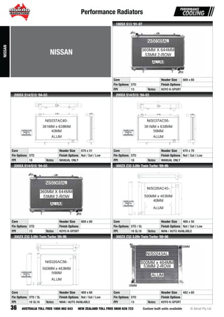 Performance Radiators
36 Custom built units available © Adrad Pty LtdAUSTRALIA TOLL FREE 1800 882 043 NEW ZEALAND TOLL FREE 0800 628 723
NIS0369ALNINININNINININININININININNIIINNNINIININININNIINNIIINIINININIIIINIIINIINININNINIIIINININININNINIINNN S0SSSSS0S0S0SSSSS00S0SSSSSSSSSSSSSSSSSSSSSSSSSSSSSSSSSSSSSSSSSSSSSSSSSS 33333636363636666636333336363663663636363363366366366636336336663663333666666663336363333633333333363636633 9A9A9A9A9A9A9A99A99A99A9A9A9A9A9A9A999A9999999A9A9A99A9A9A9A99A9AAAAA9A9A9A9A9A999A999AA9A99A9A9A9999A99A99A99AAAA9A9A9AA9A9AA999AAA9AAA99AA9AAA9AAAA99ALLLLLLLLLLLLLLLLLLLLLLLLL
Core Header Size 669 x 60
Fin Options STD Finish Options
FPI 13 Notes KOYO K-SPORT
180SX S13 ‘91-97
NIS037AC40-
Core Header Size 670 x 51
Fin Options STD Finish Options Nat / Sat / Low
FPI 18 Notes MANUAL ONLY
200SX S14/S15 ‘94-03
NIS037AC56-
Core Header Size 670 x 70
Fin Options STD Finish Options Nat / Sat / Low
FPI 18 Notes MANUAL ONLY
200SX S14/S15 ‘94-03
NIS0369ALNINININNNNININININININININNNNINNINNNINNNNININNININININIIININNNNN S0SSSS0SSS0SSSSSSSSSSSSSSSSSSSSSSSSSSSSSSSSSSSSSSSSSSSSSSSSSSSSSSSSSSSSSSS 3633363636663336366663363666366333666363363363636333663333636333363336333633336333636333663 9A9A99A9A9A9A9A9A9A9A9A9AAAA99A9A9A9A9A9A9A9AAAA9A9A9A9A9AA9A9A9A9AA9AA9A9AAAAAA9AA9A9A9A9AAAAAAA9A9AAAAAAAAAAAAA9AA99AAAAAAAA99ALLLLLLLLLLLLLLLLLLLLLLLLLLLLLLLLLLLL
Core Header Size 669 x 60
Fin Options STD Finish Options
FPI 13 Notes KOYO K-SPORT
200SX S14/S15 ‘94-03
NIS026AC40-
Core Header Size 468 x 50
Fin Options STD / SL Finish Options Nat / Sat / Low
FPI 18 SL18 Notes MAN / AUTO AVAILABLE
300ZX Z32 3.0ltr Twin Turbo ‘89-96
NIS026AC56-
Core Header Size 469 x 68
Fin Options STD / SL Finish Options Nat / Sat / Low
FPI 16 SL16 Notes MAN / AUTO AVAILABLE
300ZX Z32 3.0ltr Twin Turbo ‘89-96
NIS0243ALNININNNININININININININNINNNNNNINNINININNNNNNNINININNINNNINNINIINNIIIIIIIIIIIIIIIS0S0S0SSSSSSSS0SSSSS0S0S0SSSSS00S00000S0S0S00000SSS00SS00000024242244242424242442422422422424442222244242422244244222244424244224444244224422222222 3A3A3A3A3A3A3A3A3AA3AA3A3A333A3A33A3AA3A3A3A3A3AAA3A3A3A3AAAA3AA3A3AAAA3A3AA3AA3AAA3A3AAAA3A33A3A33AAAAAA3AAA33A3333A333AA33A3A3AAAALLLLLLLLLLLLLLLLLLLLLLLLLLLLLLLLLLLLLLLLLLLLLLLLLLLLLLL
Core Header Size 482 x 60
Fin Options STD Finish Options
FPI 13 Notes KOYO K-SPORT
300ZX Z32 3.0ltr Twin Turbo ‘89-96
NISSAN
NISSAN
 