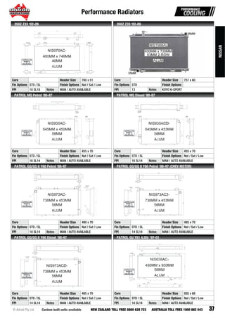 Performance Radiators
37Custom built units available© Adrad Pty Ltd NEW ZEALAND TOLL FREE 0800 628 723 AUSTRALIA TOLL FREE 1800 882 043
NIS070AC-
Core Header Size 760 x 51
Fin Options STD / SL Finish Options Nat / Sat / Low
FPI 18 SL18 Notes MAN / AUTO AVAILABLE
350Z Z33 ‘02-09
NIS1568ALNINNNNNINNNNINININNINNNININNNNNINNNINININININNNNININNININNNINNINNINNNINN S1S1S1S1SS1S1SS1SS1S1S1S1S1S11S1S1S1S1SSSSSS11S1S1SS1S1S1SS1S1SSSSSSSSSSSSSSSSSS 565656555656565565656565656566556565656566656565656565656565665656555 8A8A8A8A8A8A8A8A8A8AA8A8A8A8A8A8A8A8AA8AA8A8AA8A8AA8A888AAA8AA8A8A8A8A8A8A8A88A8A8AAA8A8A888AAAA88A8A88AAAAAA8A88AAAAA8AAAALLLLLLLLLLLLLLLLLLLLLLLLLLLLLLLLLLLLLLLLLLLLLLLL
Core Header Size 757 x 60
Fin Options STD Finish Options
FPI 13 Notes KOYO K-SPORT
350Z Z33 ‘02-09
NIS930AC-
Core Header Size 455 x 70
Fin Options STD / SL Finish Options Nat / Sat / Low
FPI 16 SL14 Notes MAN / AUTO AVAILABLE
PATROL MQ Petrol ‘80-87
NIS930ACD-
Core Header Size 455 x 70
Fin Options STD / SL Finish Options Nat / Sat / Low
FPI 16 SL14 Notes MAN / AUTO AVAILABLE
PATROL MQ Diesel ‘80-87
NIS973AC-
Core Header Size 490 x 70
Fin Options STD / SL Finish Options Nat / Sat / Low
FPI 18 SL14 Notes MAN / AUTO AVAILABLE
PATROL GQ/GQ II Y60 Petrol ‘88-97
NIS973AC3-
Core Header Size 485 x 70
Fin Options STD / SL Finish Options Nat / Sat / Low
FPI 14 SL14 Notes MAN / AUTO AVAILABLE
PATROL GQ/GQ II Y60 Petrol ‘88-97 (CHEV MOTOR)
NIS973ACD-
Core Header Size 485 x 70
Fin Options STD / SL Finish Options Nat / Sat / Low
FPI 14 SL14 Notes MAN / AUTO AVAILABLE
PATROL GQ/GQ II Y60 Diesel ‘88-97
NIS038AC-
Core Header Size 935 x 68
Fin Options STD / SL Finish Options Nat / Sat / Low
FPI 18 SL14 Notes MAN / AUTO AVAILABLE
PATROL GU Y61 4.5ltr ‘97-01
NISSAN
 