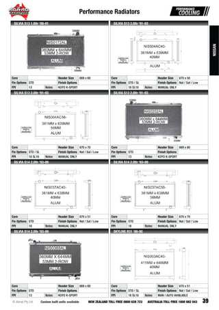 Performance Radiators
39Custom built units available© Adrad Pty Ltd NEW ZEALAND TOLL FREE 0800 628 723 AUSTRALIA TOLL FREE 1800 882 043
NIS0172ALNININNNNININININININNINININININNNINNINNNININININNIININNNNINNINNINNINNNNNINNINININNNNIS0S0S0S0S0S0S0S0S0S00S00S0S00S0SS0S0S0S0S000S0S0S0S0S0S0S0S00SSSS0S0S0S0S0S00S0S0S00S00S000000171717171717171717171717171717717171171777717171717777777777777772A2A2A2A2A2A2A2A2A2A2A2AA22A2A2A2A22A2A2AAAA2A2A2A2A2AAAAAAAAAAAA2AA22AA2AAA2AAAAA2A2A222AAAA2ALLLLLLLLLLLLLLLLLLLLLLLLLLLLLLLLLLLLLLLLLLLLLLLLL
Core Header Size 669 x 60
Fin Options STD Finish Options
FPI 13 Notes KOYO K-SPORT
SILVIA S13 1.8ltr ‘88-91
NIS004AC40-
Core Header Size 670 x 50
Fin Options STD / SL Finish Options Nat / Sat / Low
FPI 18 SL18 Notes MANUAL ONLY
SILVIA S13 2.0ltr ‘91-93
NIS004AC56-
Core Header Size 670 x 70
Fin Options STD / SL Finish Options Nat / Sat / Low
FPI 18 SL16 Notes MANUAL ONLY
SILVIA S13 2.0ltr ‘91-93
NIS0252ALNINNNNNNNININININININNININININNNNNINNNNNNNINNNNNINNNNNNNNNNNIN S0S0S0S0S0S0SSS0000S0S0S0SS0S0SS00S0S0S0S0S0SSSSSS0SS0SSS0SS0S0S0SSS0SSSSSSSSSSSSSS0S000S0SS002525252525252525525525225252552525252525252555252555555252555555552555555555522225552255552A2A2A22A2A2A2A2A2A2AAA2A22A22A2AA2A2AAAA2A2AA22AA22AAA22A2A22AAAAA2AA2AAAAAA2AAA22AAAA222ALLLLLLLLLLLLLLLLLLLLLLLLLLLLLLLLLLLLLLLLLLLLLLLLLLLLLLLL
Core Header Size 669 x 60
Fin Options STD Finish Options
FPI 13 Notes KOYO K-SPORT
SILVIA S13 2.0ltr ‘91-93
NIS037AC40-
Core Header Size 670 x 51
Fin Options STD Finish Options Nat / Sat / Low
FPI 18 Notes MANUAL ONLY
SILVIA S14 2.0ltr ‘93-99
NIS037AC56-
Core Header Size 670 x 70
Fin Options STD Finish Options Nat / Sat / Low
FPI 18 Notes MANUAL ONLY
SILVIA S14 2.0ltr ‘93-99
NIS0369ALNINININNINNNNNINININNNINNNNINININININNININNNNINNIININNNNNINNNININNINNININININININNNNN S0SSS0SS0SS0SSSSSSSSSSSSSSSSSSSSSSSSSSSSSSSSSSSSSSSSSSSSSSSSSSSSSSSS 3336363636336333636363633633666363333663633363336333333333333333333333333333333333663363 9A9A9A9A9A9A9A9AA9A9A9AA99A9AAAA9AA9A9A9AAAA99A999A9AAA9A9A9AA9AAAAAAA9AAA9A9AAA9A9AAAA9A9AAAAAAAAAAAAAA9AAA99AAAAA9A9ALLLLLLLLLLLLLLLLLLLLLLLLLLLLLLLLLLLLL
Core Header Size 669 x 60
Fin Options STD Finish Options
FPI 13 Notes KOYO K-SPORT
SILVIA S14 2.0ltr ‘93-99
NIS003AC40-
Core Header Size 670 x 51
Fin Options STD / SL Finish Options Nat / Sat / Low
FPI 18 SL18 Notes MAN / AUTO AVAILABLE
SKYLINE R31 ‘86-90
NISSAN
 