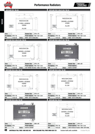 Performance Radiators
40 Custom built units available © Adrad Pty LtdAUSTRALIA TOLL FREE 1800 882 043 NEW ZEALAND TOLL FREE 0800 628 723
NIS003AC56-
Core Header Size 670 x 70
Fin Options STD / SL Finish Options Nat / Sat / Low
FPI 16 SL16 Notes MAN / AUTO AVAILABLE
SKYLINE R31 ‘86-90
NIS025AC40-
Core Header Size 670 x 50
Fin Options STD / SL Finish Options Nat / Sat / Low
FPI 18 SL18 Notes MAN / AUTO AVAILABLE
SKYLINE R32 2.0ltr/2.5ltr ‘89-94
NIS025AC56-
Core Header Size 670 x 70
Fin Options STD / SL Finish Options Nat / Sat / Low
FPI 18 SL16 Notes USE THERMO FAN ONLY / MAN / AUTO AVAIL.
SKYLINE R32 2.0ltr/2.5ltr ‘89-94
NIS0214ALNININININININININIININNINININNNNIINININININNINNININNINNININNININININININNININNNNNNNNINNNNN S0S0S0S0S0S0S0S0S0S0S0SS0S0S0SS0SS0S0S0S0S00S0S0S0S00S00S0S00S0S00S0S00SS000S000S0SSS021212121212121221222221212212212121212222222222122 4A4A4A4A4A4A4A4A4AA4A4A4AA4A44A44A4AAA4A4A4A4A4A4A444444AAA4A4A4A4A444AA4A44444AAA44A44444AA4AA44A444ALLLLLLLLLLLLLLLLLLLLLLLLLLLLLLLLL
Core Header Size 669 x 60
Fin Options STD Finish Options
FPI 13 Notes KOYO K-SPORT
SKYLINE R32 2.0ltr/2.5ltr ‘89-94
NIS039AC40-
Core Header Size 670 x 51
Fin Options STD / SL Finish Options Nat / Sat / Low
FPI 18 SL18 Notes MAN / AUTO AVAILABLE
SKYLINE R33 2.5ltr ‘93-98
NIS039AC56A-
Core Header Size 670 x 70
Fin Options STD / SL Finish Options Nat / Sat / Low
FPI 18 SL16 Notes MAN / AUTO AVAILABLE
SKYLINE R33 2.5ltr ‘93-98
NIS0442ALNINININININNINNININNININININININININNINNNININININNININNNNININNINININNINNNNNNNNNINNNNNNNNINNNNNNNNNNNNNNINIINNISS0S0S0S0S0S0S0S0S0S0S0S0S0S0S0S0S0S0S0SS0S0SS00S0SSSS0S0S00000S0SSS0S0S0SSS000S0SS0000SS00S0S0S00000S00S0000000S00000444444444444444444444444444444444444444444444444444444444444444444444444444444444444444444444444444444442A2A2A2A2A2A2A2A2A2A2A2A2A2A2A2A2A2222222A2A2A2AA22A2A22A2222A2A222A2A222A2A22AA2AA22AAAAAA2A222AA222A222AAAAA22A2222AAAAA222AAAA2AAALLLLLLLLLLLLLLLLLLLLLLLLLLLLLLLLLLLLLLLLLLLLLLLLLLLLLLLLLLLLLLLL
Core Header Size 669 x 60
Fin Options STD Finish Options
FPI 13 Notes KOYO K-SPORT
SKYLINE R33 2.5ltr ‘93-98
NIS068AC40S-
Core Header Size 670 x 51
Fin Options STD / SL Finish Options Nat / Sat / Low
FPI 18 SL18 Notes 394mm Between Headers / MAN / AUTO AVAIL.
SKYLINE R34 ‘98-03
NISSAN
 
