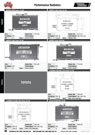 Performance Radiators
44 Custom built units available © Adrad Pty LtdAUSTRALIA TOLL FREE 1800 882 043 NEW ZEALAND TOLL FREE 0800 628 723
SUB2190AL
Core Header Size 713 x 60
Fin Options STD Finish Options
FPI 13 Notes KOYO K-SPORT
IMPREZA WRX Sedan ‘12/08-
SUB012AC-
Core Header Size 417 x 51
Fin Options STD / SL Finish Options Nat / Sat / Low
FPI 16 SL16 Notes MANUAL ONLY
LIBERTY 2.0ltr Turbo ‘91-94
SUB0302ALSUSSSUSSSUUSUSUUSUUSUSUSUSSUSSUSUSUUSUUSUSSSUSUSUUSUSUSUUSUSUSUSUSUSSUSUSSSUSSS B0B0BB0B0BB0B0BBBB0BB0B0BBBBB0BBBBBBBBBBBB0BBBBBBBBBBBBBBBBBBBBBB 3033303030333333303033333333033333333333333333333333333333333333033333333333333333333 22A2A2A2A2A2A22A2A2A2A2A2A2A2A2A2A2A2AA2AAAA2AAA22AAAA2A22AA22AAAA2A22A2AAAA2222AAA22AAAA222AAAAAAAAAAAAAAA2AA2AAALLLLLLLLLLLLLLLLLLLLLLLLLLLLLLLLLLLLLLLLLLLLLLLLLLLLLLLLLLLLLLLLLL
Core Header Size 416 x 60
Fin Options STD Finish Options
FPI 13 Notes KOYO K-SPORT
LIBERTY 2.0ltr Turbo ‘91-94
SUB2190AL
Core Header Size 713 x 60
Fin Options STD Finish Options
FPI 13 Notes KOYO K-SPORT
LIBERTY Turbo ‘9/03-09
TOY9236AC-
Core Header Size 540 x 68
Fin Options STD / SL Finish Options Nat / Sat / Low
FPI 18 SL16 Notes MAN / AUTO AVAILABLE
4 RUNNER VZN130R 3.0ltr Petrol ‘91-96
TOY9236ACD-
Core Header Size 530 x 68
Fin Options STD / SL Finish Options Nat / Sat / Low
FPI 18 SL16 Notes MAN / AUTO AVAILABLE
4 RUNNER LN130R 2.8ltr Diesel ‘91-96
TOY0405ALTOTOTOTOTOTOTTOTOTOTOTOTOTOTOTOOOOTOTTOTOOTOTOTOTOTOOTTTOTTOOOTTOOTTOTOOOOTTTTOOY0Y0Y0Y0Y0Y0Y0Y0Y0YY0Y0Y0Y0Y0Y0Y00Y0Y0Y0Y0000YYY0Y0Y0Y0Y0Y0YYYYYYYYY 404040404040404044004404044004040040404040404005A5A5A5A5A5A5A5A5A5A5A55A5A5AA5A5A5A5A5AA5A55A5A5A5A55A55A5A555AAA5AAA555555AAAAA5A5A55AAAAALLLLLLLLLLLLLLLLLLLLLLLLLLLLLLLLLLL
Core Header Size 659 x 60
Fin Options STD Finish Options
FPI 13 Notes KOYO K-SPORT
CELICA ST204/205 ‘94-99
SUUUUUUUUUUUUUUUUUUUUUUUUUB2B2B2B2B2B2B22B2B2B2B2B2B2B2B2B2B2B2B2B2B2BB2B222BBBB2B22B2B2BB2BBBB2BBBBB2B2B2B2BB22B2BBBBB22BBB2BB222BBBBBBBB2BBB219191999199919191919919999191191919919191991991911999119191199191119911911911119119991 0A0000000000000000000000000000000000000000000000000000000000000000000 L
SUSUSUSUSUSUSUSSUSUSUSUUSUUSUSUUSUSUSUSUUSUUSUSUSUUSUUUUUUUUUUUB2B2B2B2B2B2B2B222B2B22B2B2B2B2B2B2BB22B2BB2B2B2B2BBB2BB2BB2B2BB2B2B2B221919191919199191999191919199191919191919919191911911911119999991919191911199990A0A0A0A0A0A0A0A0A0A0A0A0A0A0AA0A0A0A00A0AAA0A0AAAA0A00AAA0A00AAAA0A000A00A0AAAA0A00ALLLLLLLLLLLLLLLLLLLLLLL
SUBARU
TOYOTA
TOYOTA
 