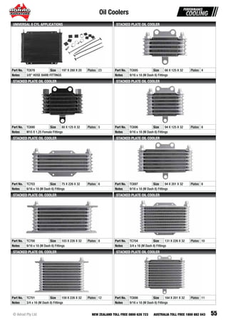 Oil Coolers
55© Adrad Pty Ltd NEW ZEALAND TOLL FREE 0800 628 723 AUSTRALIA TOLL FREE 1800 882 043
Part No. TC678 Size 197 X 280 X 20 Plates 23
Notes 3/8” HOSE BARB FITTINGS
UNIVERSAL 8 CYL APPLICATIONS
Part No. TC695 Size 66 X 125 X 32 Plates 4
Notes 9/16 x 18 (M Dash 6) Fittings
STACKED PLATE OIL COOLER
Part No. TC690 Size 80 X 125 X 32 Plates 5
Notes M10 X 1.25 Female Fittings
STACKED PLATE OIL COOLER
Part No. TC696 Size 94 X 125 X 32 Plates 6
Notes 9/16 x 18 (M Dash 6) Fittings
STACKED PLATE OIL COOLER
Part No. TC703 Size 75 X 226 X 32 Plates 6
Notes 9/16 x 18 (M Dash 6) Fittings
STACKED PLATE OIL COOLER
Part No. TC697 Size 94 X 201 X 32 Plates 6
Notes 9/16 x 18 (M Dash 6) Fittings
STACKED PLATE OIL COOLER
Part No. TC700 Size 103 X 226 X 32 Plates 8
Notes 9/16 x 18 (M Dash 6) Fittings
STACKED PLATE OIL COOLER
Part No. TC704 Size 131 X 226 X 32 Plates 10
Notes 3/4 x 16 (M Dash 8) Fittings
STACKED PLATE OIL COOLER
Part No. TC701 Size 159 X 226 X 32 Plates 12
Notes 3/4 x 16 (M Dash 8) Fittings
STACKED PLATE OIL COOLER
Part No. TC698 Size 164 X 201 X 32 Plates 11
Notes 9/16 x 18 (M Dash 6) Fittings
STACKED PLATE OIL COOLER
 