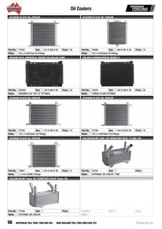 Oil Coolers
56 © Adrad Pty LtdAUSTRALIA TOLL FREE 1800 882 043 NEW ZEALAND TOLL FREE 0800 628 723
Part No. TC702 Size 215 X 226 X 32 Plates 16
Notes 3/4 x 16 (M Dash 8) Fittings
STACKED PLATE OIL COOLER
Part No. TC699 Size 248 X 201 X 32 Plates 16
Notes 3/4 x 16 (M Dash 8) Fittings
STACKED PLATE OIL COOLER
Part No. EOC001 Size 146 X 280 X 38 Plates 24
Notes REQUIRES 3/8” OR 1/2” FITTINGS
MEDIUM 6CYL UNIVERSAL ENGINE OILCOOLER CORE
Part No. TC676 Size 165 X 280 X 38 Plates 28
Notes FEMALE FLARE FITTINGS
HOLDEN COMMODOREVS SERIES II
Part No. TC705 Size 174 X 230 X 48 Plates 13
Notes 7/8 x 14 (M Dash 10) Fittings
STACKED PLATE OIL COOLER
Part No. TC706 Size 216 X 230 X 48 Plates 16
Notes 7/8 x 14 (M Dash 10) Fittings
STACKED PLATE OIL COOLER
Part No. TC691 Size 219 X 230 X 48 Plates 17
Notes 1-1/16 (12UNF) Fittings
STACKED PLATE OIL COOLER
Part No. TC707 Size Plates
Notes EXTERNAL OIL COOLER -TOW
FALCON BA/BF 4.0ltr ‘02-TERRITORY SX/S Y 4.0ltr ‘04-
Part No. TC708 Size Plates
Notes EXTERNAL OIL COOLER
FALCON BA/BF Turbo ‘02-TERRITORY SX/SY Turbo ‘04-
Part No. Size Plates
Notes
 