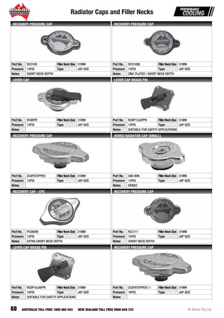 Radiator Caps and Filler Necks
60 © Adrad Pty LtdAUSTRALIA TOLL FREE 1800 882 043 NEW ZEALAND TOLL FREE 0800 628 723
Part No. RC3109 FillerNeckSize 31MM
Pressure 13PSI Type JAP SIZE
Notes SHORT NECK DEPTH
RECOVERY PRESSURE CAP
Part No. RC3109B FillerNeckSize 31MM
Pressure 13PSI Type JAP SIZE
Notes ZINC PLATED / SHORT NECK DEPTH
RECOVERY PRESSURE CAP
Part No. RC90PR FillerNeckSize 31MM
Pressure 13PSI Type JAP SIZE
Notes
LEVER CAP
Part No. RCBP13JAPPR FillerNeckSize 31MM
Pressure 13PSI Type JAP SIZE
Notes SUITABLE FOR SAFETY APPLICATIONS
LEVER CAP BRASS PIN
Part No. ZCAPSTEPPED FillerNeckSize 31MM
Pressure 13PSI Type JAP SIZE
Notes
RECOVERY PRESSURE CAP
Part No. 560-90N FillerNeckSize 31MM
Pressure 13PSI Type JAP SIZE
Notes DENSO
DENSO RADIATOR CAP (SMALL)
Part No. PC58090 FillerNeckSize 31MM
Pressure 13PSI Type JAP SIZE
Notes EXTRA SHORT NECK DEPTH
RECOVERY CAP - CPC
Part No. RC3111 FillerNeckSize 31MM
Pressure 15PSI Type JAP SIZE
Notes SHORT NECK DEPTH
RECOVERY PRESSURE CAP
Part No. RCBP16JAPPR FillerNeckSize 31MM
Pressure 16PSI Type JAP SIZE
Notes SUITABLE FOR SAFETY APPLICATIONS
LEVER CAP BRASS PIN
Part No. ZCAPSTEPPED1.1 FillerNeckSize 31MM
Pressure 16PSI Type JAP SIZE
Notes
RECOVERY PRESSURE CAP
 