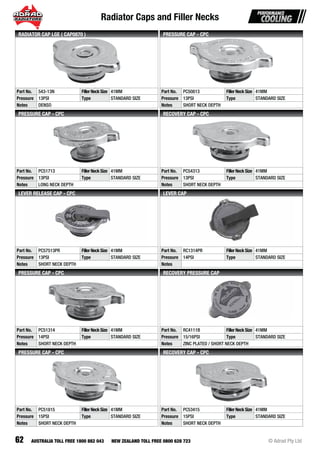 Radiator Caps and Filler Necks
62 © Adrad Pty LtdAUSTRALIA TOLL FREE 1800 882 043 NEW ZEALAND TOLL FREE 0800 628 723
Part No. 543-13N FillerNeckSize 41MM
Pressure 13PSI Type STANDARD SIZE
Notes DENSO
RADIATOR CAP LGE ( CAP0870 )
Part No. PC50813 FillerNeckSize 41MM
Pressure 13PSI Type STANDARD SIZE
Notes SHORT NECK DEPTH
PRESSURE CAP - CPC
Part No. PC51713 FillerNeckSize 41MM
Pressure 13PSI Type STANDARD SIZE
Notes LONG NECK DEPTH
PRESSURE CAP - CPC
Part No. PC54313 FillerNeckSize 41MM
Pressure 13PSI Type STANDARD SIZE
Notes SHORT NECK DEPTH
RECOVERY CAP - CPC
Part No. PC57513PR FillerNeckSize 41MM
Pressure 13PSI Type STANDARD SIZE
Notes SHORT NECK DEPTH
LEVER RELEASE CAP - CPC
Part No. RC1314PR FillerNeckSize 41MM
Pressure 14PSI Type STANDARD SIZE
Notes
LEVER CAP
Part No. PC51314 FillerNeckSize 41MM
Pressure 14PSI Type STANDARD SIZE
Notes SHORT NECK DEPTH
PRESSURE CAP - CPC
Part No. RC4111B FillerNeckSize 41MM
Pressure 15/16PSI Type STANDARD SIZE
Notes ZINC PLATED / SHORT NECK DEPTH
RECOVERY PRESSURE CAP
Part No. PC51815 FillerNeckSize 41MM
Pressure 15PSI Type STANDARD SIZE
Notes SHORT NECK DEPTH
PRESSURE CAP - CPC
Part No. PC53415 FillerNeckSize 41MM
Pressure 15PSI Type STANDARD SIZE
Notes SHORT NECK DEPTH
RECOVERY CAP - CPC
 