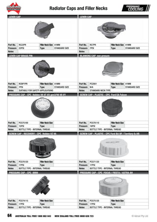 Radiator Caps and Filler Necks
64 © Adrad Pty LtdAUSTRALIA TOLL FREE 1800 882 043 NEW ZEALAND TOLL FREE 0800 628 723
Part No. RC22PR FillerNeckSize 41MM
Pressure 22PSI Type STANDARD SIZE
Notes
LEVER CAP
Part No. RC7PR FillerNeckSize 41MM
Pressure 7PSI Type STANDARD SIZE
Notes
LEVER CAP
Part No. RCBP7PR FillerNeckSize 41MM
Pressure 7PSI Type STANDARD SIZE
Notes SUITABLE FOR SAFETY APPLICATIONS
LEVER CAP BRASS PIN
Part No. PC2001 FillerNeckSize 41MM
Pressure N/A Type STANDARD SIZE
Notes STANDARD NECK TYPE
BLANKING CAP non presure
Part No. PC575100 FillerNeckSize
Pressure 15PSI Type
Notes BOTTLE TYPE - INTERNAL THREAD
PRESSURE CAP - CPC Holden V8 VT VX gen3/V6 V8 VY
Part No. PC570110 FillerNeckSize
Pressure 16PSI Type
Notes BOTTLE TYPE - INTERNAL THREAD
SCREW CAP - PLASTIC - CPC Ford EA Falcon
Part No. PC570120 FillerNeckSize
Pressure 17PSI Type
Notes BOTTLE TYPE - INTERNAL THREAD
SCREW CAP - RECOVERY - CPC Holden VZ V6
Part No. PC571120 FillerNeckSize
Pressure 17PSI Type
Notes BOTTLE TYPE - INTERNAL THREAD
SCREW CAP - PLASTIC - CPC Ford BA BF / Territory 6+V8
Part No. PC574115 FillerNeckSize
Pressure 17PSI Type
Notes BOTTLE TYPE - INTERNAL THREAD
PRESSURE CAP - CPC BMW
Part No. PC575120 FillerNeckSize
Pressure 17PSI Type
Notes BOTTLE TYPE - INTERNAL THREAD
PRESSURE CAP - CPC FOCUS / FIESTA / ASTRA AH
 