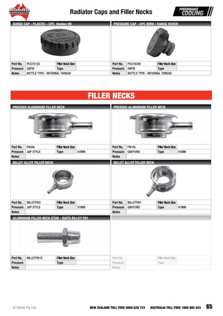 Radiator Caps and Filler Necks
65© Adrad Pty Ltd NEW ZEALAND TOLL FREE 0800 628 723 AUSTRALIA TOLL FREE 1800 882 043
Part No. PC572135 FillerNeckSize
Pressure 20PSI Type
Notes BOTTLE TYPE - INTERNAL THREAD
SURGE CAP - PLASTIC - CPC Holden VN
Part No. PC574200 FillerNeckSize
Pressure 29PSI Type
Notes BOTTLE TYPE - INTERNAL THREAD
PRESSURE CAP - CPC BMW / RANGE ROVER
Part No. FN3AL FillerNeckSize
Pressure JAP STYLE Type 31MM
Notes
PRESSED ALUMINIUM FILLER NECK
Part No. FN1AL FillerNeckSize
Pressure GM/FORD Type 41MM
Notes
PRESSED ALUMINIUM FILLER NECK
Part No. BILLETFN3 FillerNeckSize
Pressure JAP STYLE Type 31MM
Notes
BILLET ALLOY FILLER NECK
Part No. BILLETFN1 FillerNeckSize
Pressure GM/FORD Type 41MM
Notes
BILLET ALLOY FILLER NECK
Part No. BILLETFN1S FillerNeckSize
Pressure Type
Notes
ALUMINIUM FILLER NECK STUB - SUITS BILLET FN1
FILLER NECKS
Part No. FillerNeckSize
Pressure Type
Notes
 