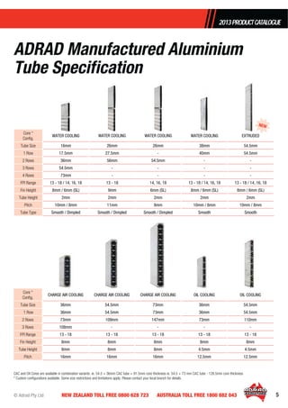 © Adrad Pty Ltd 5NEW ZEALAND TOLL FREE 0800 628 723 AUSTRALIA TOLL FREE 1800 882 043
2013PRODUCTCATALOGUE
ADRAD Manufactured Aluminium
Tube Specification
Core *
Conﬁg.
WATER COOLING WATER COOLING WATER COOLING WATER COOLING EXTRUDED
Tube Size 16mm 26mm 26mm 38mm 54.5mm
1 Row 17.5mm 27.5mm - 40mm 54.5mm
2 Rows 36mm 56mm 54.5mm - -
3 Rows 54.5mm - - - -
4 Rows 73mm - - - -
FPI Range 13 - 18 / 14, 16, 18 13 - 18 14, 16, 18 13 - 18 / 14, 16, 18 13 - 18 / 14, 16, 18
Fin Height 8mm / 6mm (SL) 9mm 6mm (SL) 8mm / 6mm (SL) 8mm / 6mm (SL)
Tube Height 2mm 2mm 2mm 2mm 2mm
Pitch 10mm / 8mm 11mm 8mm 10mm / 8mm 10mm / 8mm
Tube Type Smooth / Dimpled Smooth / Dimpled Smooth / Dimpled Smooth Smooth
Core *
Conﬁg.
CHARGE AIR COOLING CHARGE AIR COOLING CHARGE AIR COOLING OIL COOLING OIL COOLING
Tube Size 36mm 54.5mm 73mm 36mm 54.5mm
1 Row 36mm 54.5mm 73mm 36mm 54.5mm
2 Rows 73mm 109mm 147mm 73mm 110mm
3 Rows 108mm - - - -
FPI Range 13 - 18 13 - 18 13 - 18 13 - 18 13 - 18
Fin Height 8mm 8mm 8mm 8mm 8mm
Tube Height 8mm 8mm 8mm 4.5mm 4.5mm
Pitch 16mm 16mm 16mm 12.5mm 12.5mm
CAC and Oil Cores are available in combination variants. ie. 54.5 + 36mm CAC tube = 91.5mm core thickness ie. 54.5 + 73 mm CAC tube - 128.5mm core thickness
* Custom conﬁgurations available. Some size restrictions and limitations apply. Please contact your local branch for details.
ER COO R COOR COO
NEW
 