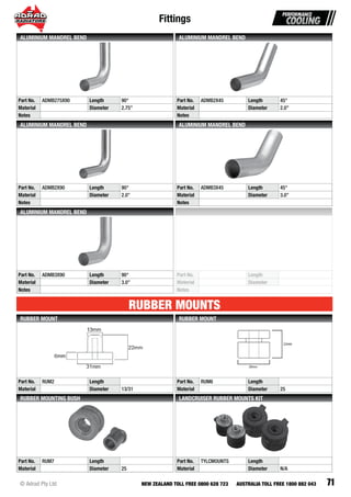 Fittings
71© Adrad Pty Ltd NEW ZEALAND TOLL FREE 0800 628 723 AUSTRALIA TOLL FREE 1800 882 043
Part No. ADMB275X90 Length 90°
Material Diameter 2.75”
Notes
ALUMINIUM MANDREL BEND
Part No. ADMB2X45 Length 45°
Material Diameter 2.0”
Notes
ALUMINIUM MANDREL BEND
Part No. ADMB2X90 Length 90°
Material Diameter 2.0”
Notes
ALUMINIUM MANDREL BEND
Part No. ADMB3X45 Length 45°
Material Diameter 3.0”
Notes
ALUMINIUM MANDREL BEND
Part No. ADMB3X90 Length 90°
Material Diameter 3.0”
Notes
ALUMINIUM MANDREL BEND
Part No. RUM2 Length
Material Diameter 13/31
RUBBER MOUNT
Part No. RUM6 Length
Material Diameter 25
RUBBER MOUNT
Part No. RUM7 Length
Material Diameter 25
RUBBER MOUNTING BUSH
Part No. TYLCMOUNTS Length
Material Diameter N/A
LANDCRUISER RUBBER MOUNTS KIT
RUBBER MOUNTS
Part No. Length
Material Diameter
Notes
 